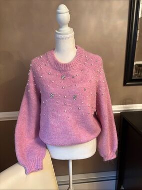 Embellished Pink Crewneck Sweater